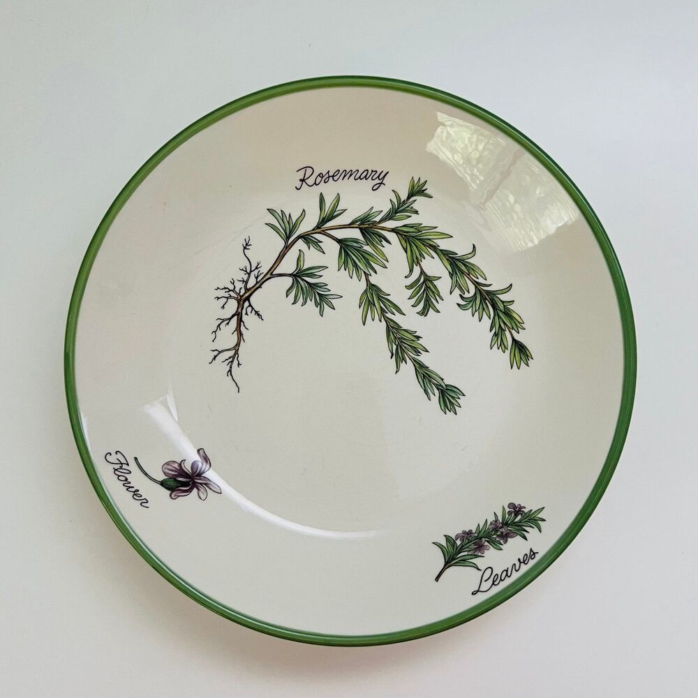 OVER AND BACK Stoneware Green Rim "Rosemary" Leaves Flower Pasta Bowl